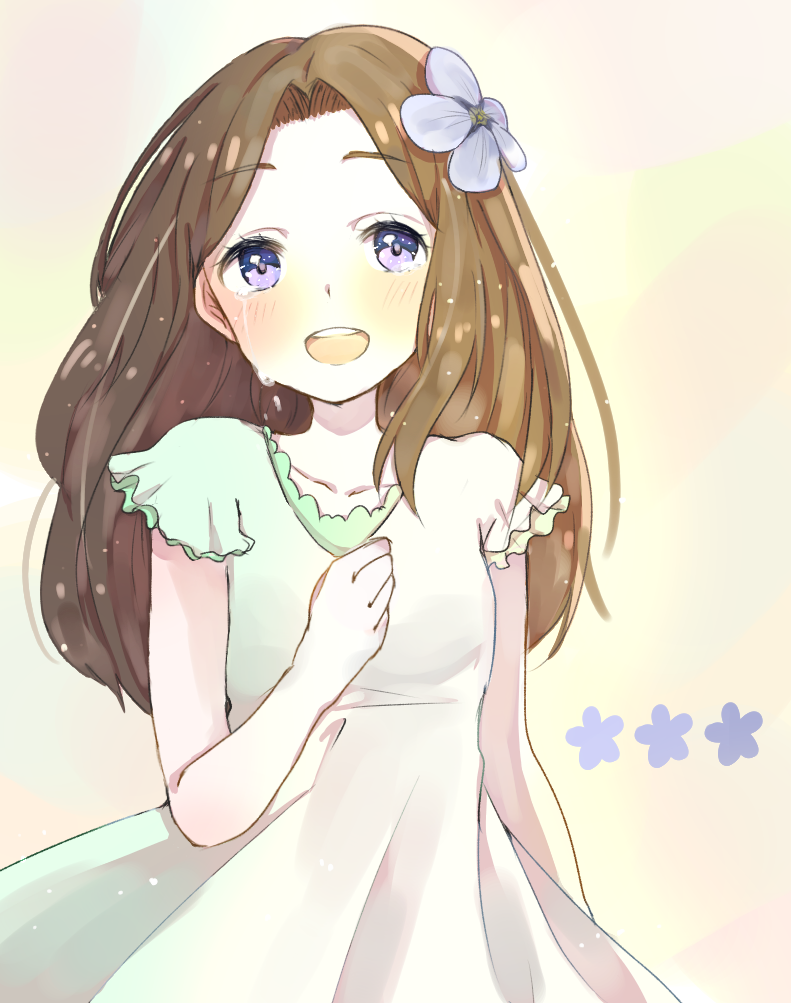 10s 1girl :d aine_(621_aine) brown_hair dress female_focus flower flower_fairy_(osomatsu-kun) flower_girl_(osomatsu-kun) flower_girl_(osomatsu-san) hair_flower hair_ornament long_hair open_mouth osomatsu-kun osomatsu-san osomatsu_(series) purple_eyes smile solo tears