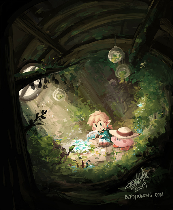 bettykwong blonde_hair blue_shirt blush_stickers glass_bottle hat kirby kirby_(series) link nintendo pikmin_(series) plant shirt silent_princess smile sun_hat sunlight super_smash_bros. terrarium the_legend_of_zelda the_legend_of_zelda:_breath_of_the_wild watering watermark web_address window