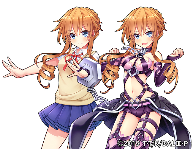 2girls blue_eyes blue_sailor_collar blue_skirt cuffs date_a_live drill_hair edamame_senpai elbow_gloves gloves lock long_hair multiple_girls open_mouth orange_hair pink_legwear red_ribbon ribbon sailor_collar school_uniform shackles skirt smile vivid_army yamai_kaguya