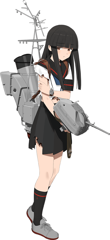 1girl black_hair black_sailor_collar black_skirt brown_eyes full_body hatsuyuki_(kancolle) hatsuyuki_kai_ni_(kancolle) kantai_collection long_hair looking_at_viewer official_art rigging sailor_collar school_uniform serafuku shibafu_(glock23) ship_turret shirt skirt solo standing torn_clothes torpedo torpedo_launcher transparent_background white_shirt