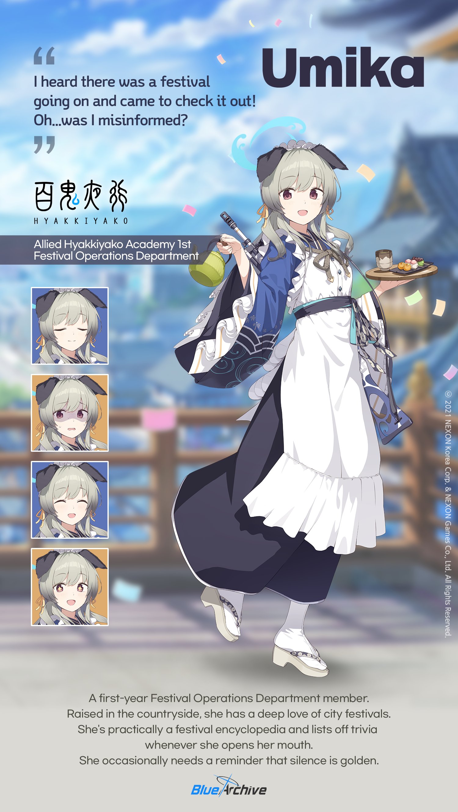 1girl absurdres animal_ears apron assault_rifle blue_archive brown_eyes character_name closed_eyes closed_mouth copyright_name cup dog_ears english_text food grey_hair gun hair_ribbon halo highres howa_type_89 japanese_clothes logo long_hair looking_at_viewer multiple_views official_art open_mouth ribbon rifle shaded_face sweat tabi teapot umika_(blue_archive) weapon white_apron wide_sleeves yunomi