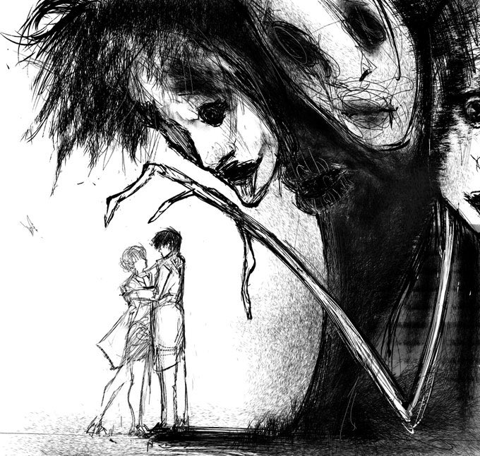 black_eyes choujin_x couple faceless graphite_(medium) hartley_(choujin_x) horror_(theme) husband_and_wife kyezzzz mask monochrome monster multiple_faces noh_mask noh_mask_(choujin_x) nue_(choujin_x) reaching reaching_towards_another shadow sketch traditional_media tree