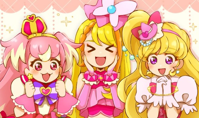 &gt;_&lt; 3girls :d asahina_mirai blonde_hair bow bow_hairband bowtie bracelet braid brooch butterfly_hair_ornament crop_top crown crown_braid cure_butterfly cure_miracle cure_wonderful detached_sleeves dress earrings hair_ornament hairband hat heart heart_brooch hijiri_ageha hirogaru_sky!_precure in-franchise_crossover inukai_komugi jewelry long_hair mahou_girls_precure! mini_hat multicolored_hair multiple_girls one_side_up open_mouth orange_hair own_hands_clasped own_hands_together pink_dress pink_eyes pink_hair pink_hat pink_sailor_collar precure puffy_short_sleeves puffy_sleeves purple_bow purple_bowtie purple_eyes sailor_collar short_sleeves single_sidelock smile striped_bow striped_bowtie striped_clothes two-tone_hair two_side_up upper_body very_long_hair wavy_hair witch_hat wonderful_precure! wrist_cuffs yuu13