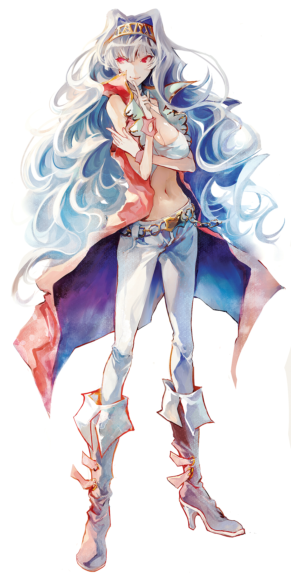 1girl bad_id bad_pixiv_id belt boots breasts cleavage female_focus finger_to_mouth headband highres idolmaster idolmaster_(classic) large_breasts long_hair midriff naye pink_eyes shijou_takane silver_hair smile solo very_long_hair wrist_cuffs