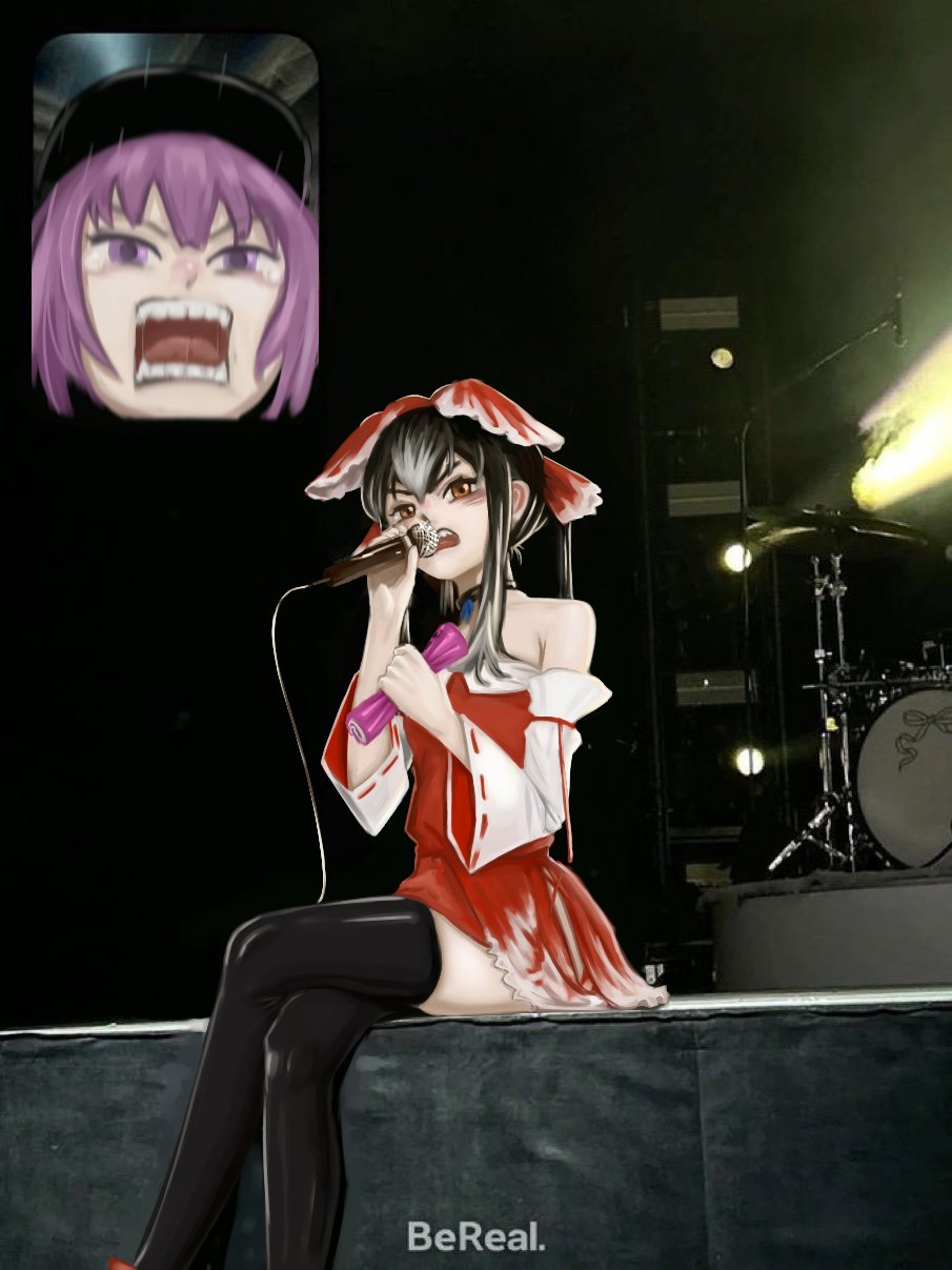 2girls black_hair black_thighhighs bow brown_eyes commentary_request cookie_(touhou) crossed_legs detached_sleeves dress drum drum_set fan_screaming_at_madison_beer_(meme) feet_out_of_frame frilled_bow frills geru_futota hair_bow hakurei_reimu highres holding holding_microphone holding_paper instrument long_hair looking_at_viewer meme microphone multiple_girls nari-14 open_mouth paper photo_background purple_eyes purple_hair red_bow red_dress remilia_scarlet ribbon-trimmed_sleeves ribbon_trim screaming short_dress sidelocks sitting thighhighs touhou v-shaped_eyebrows white_sleeves wide_sleeves yuyusu_(cookie)