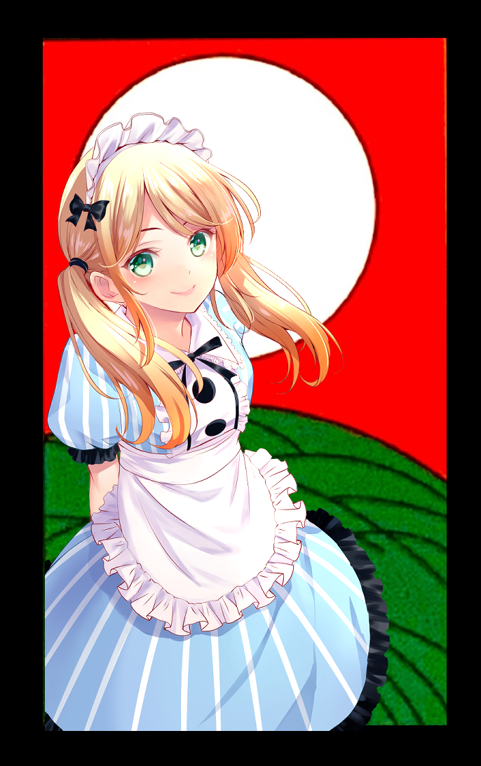 1girl apron aqua_dress arms_behind_back back_ribbon black_border black_ribbon blonde_hair blush border center_frills commentary dress familia_uniform floating_hair frilled_apron frilled_dress frilled_shirt_collar frilled_sleeves frills green_eyes hair_ribbon hair_tie looking_at_viewer maid maid_headdress megami_no_cafe_terrace neck_ribbon official_art puffy_short_sleeves puffy_sleeves ribbon seo_kouji short_sleeves sidelocks smile solo standing striped_clothes striped_dress swept_bangs tsukishima_riho twintails vertical-striped_clothes vertical-striped_dress waist_apron white_apron white_headdress white_ribbon
