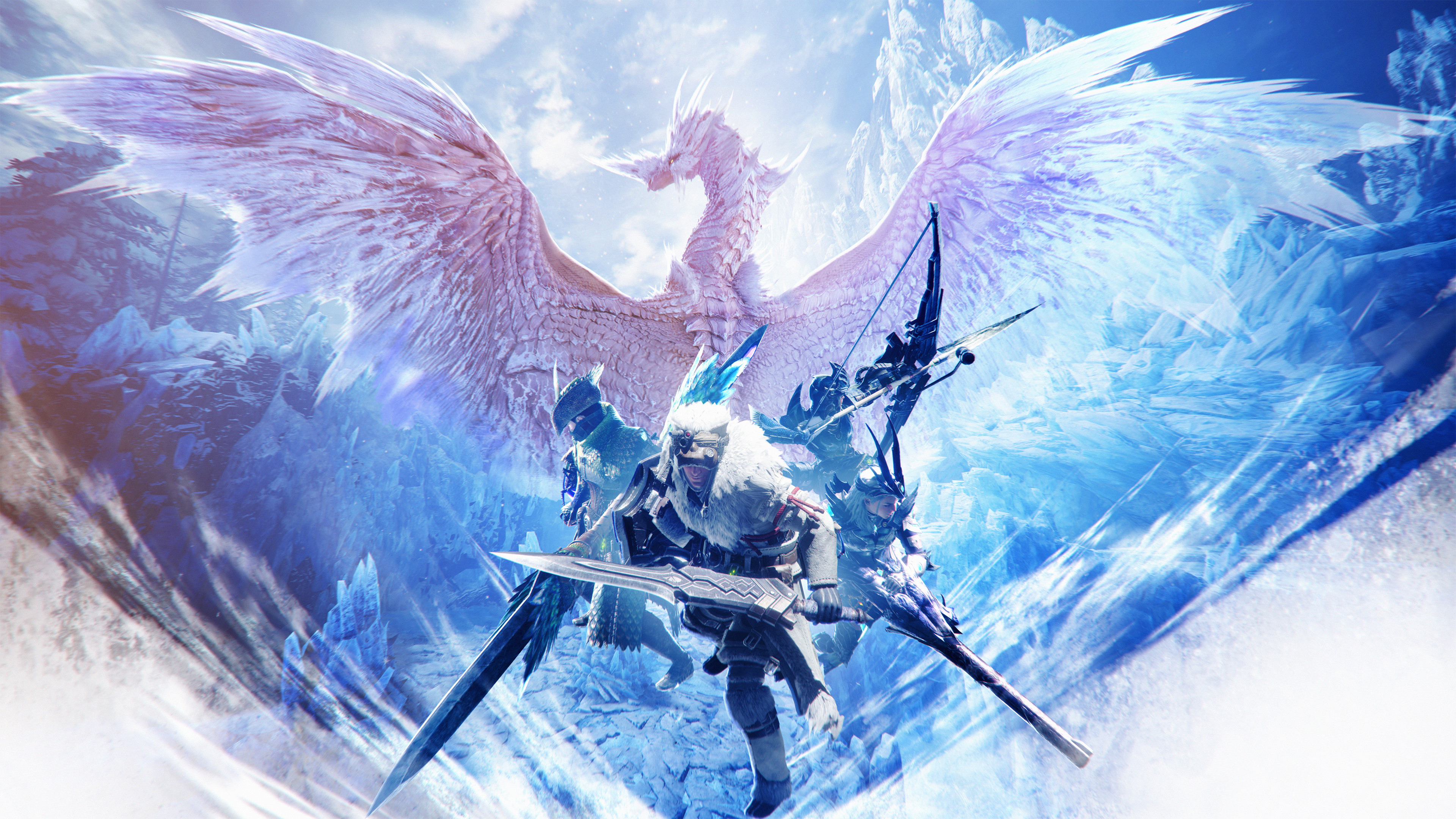 3d absurdres bow_(weapon) bowgun capcom character_request commentary dragon english_commentary highres holding holding_shield holding_sword holding_weapon huge_weapon ice ice_wings monster_hunter:_world monster_hunter_(series) official_art scales shield sword velkhana weapon wings