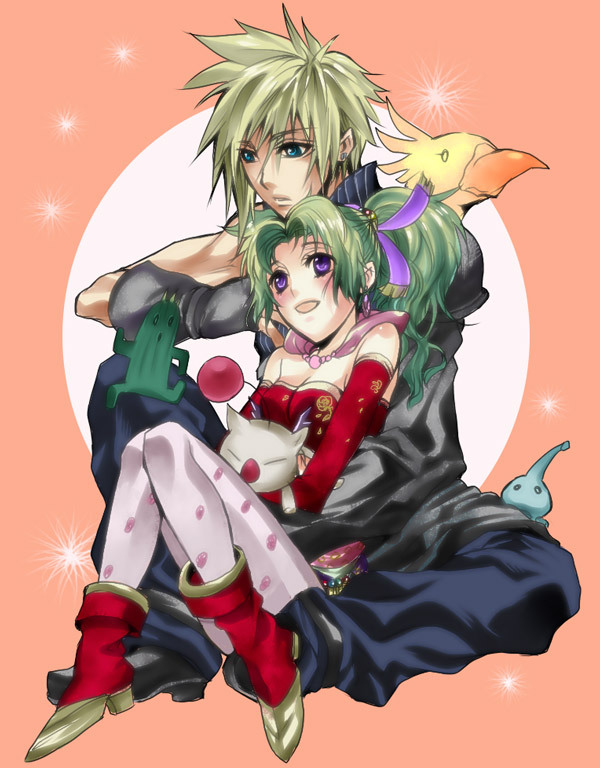 1990s_(style) 1boy 1girl alien alternate_color alternate_costume asu_(asoras) bad_id bad_pixiv_id blonde_hair cactus chocobo cloud_strife couple dissidia_final_fantasy final_fantasy final_fantasy_vi final_fantasy_vii green_hair hetero koyokoyo moogle pantyhose pupu_(ff8) pupu_(leopupu) purple_eyes retro_artstyle sabotender sitting sitting_on_lap sitting_on_person spiked_hair stuffed_animal stuffed_toy tina_branford