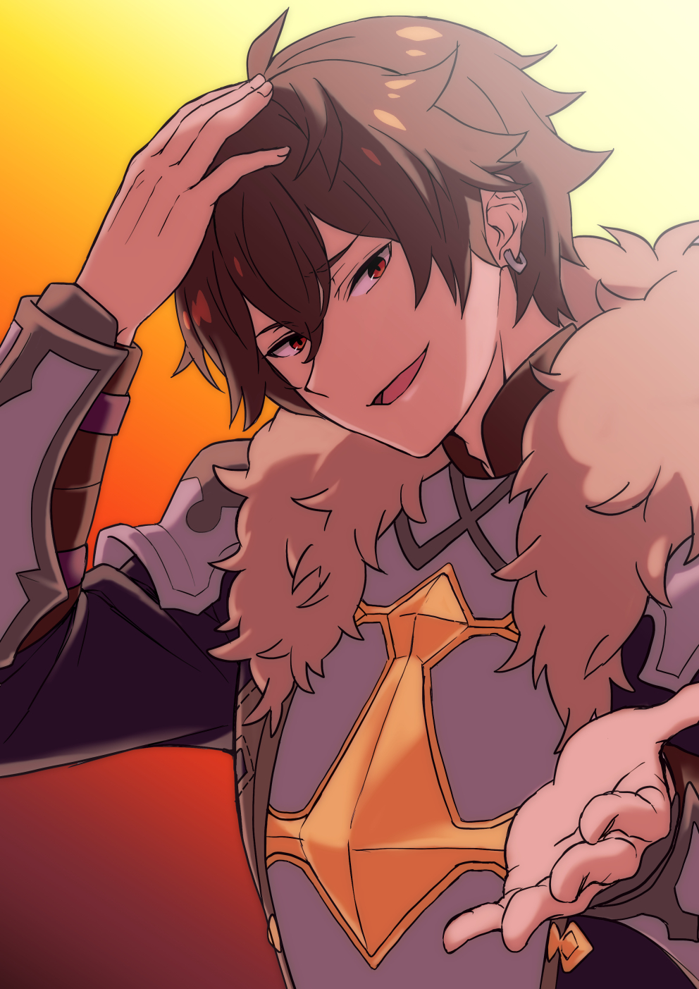 1boy :d armor brown_hair dragalia_lost earrings ekra hair_between_eyes hand_on_own_head harle_(dragalia_lost) highres jewelry long_sleeves looking_at_viewer male_focus open_mouth red_eyes short_hair shoulder_armor smile solo upper_body