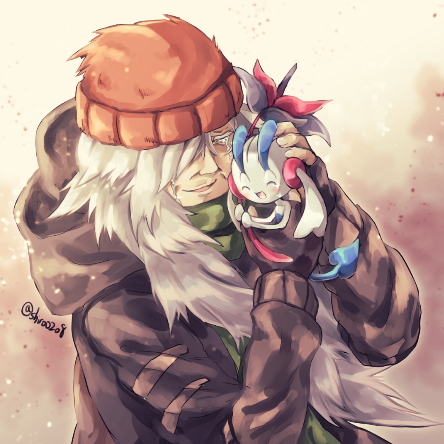 1boy az_(pokemon) beanie black_gloves blush closed_eyes commentary_request crying fingerless_gloves floette floette_(eternal) flower gen_6_pokemon gloves green_scarf grey_hair hair_over_one_eye happy_tears hat holding holding_flower holding_pokemon hood hood_down ksm_shr long_hair long_sleeves male_focus nintendo open_mouth orange_hat pokemon pokemon_(creature) pokemon_xy scarf smile tears upper_body