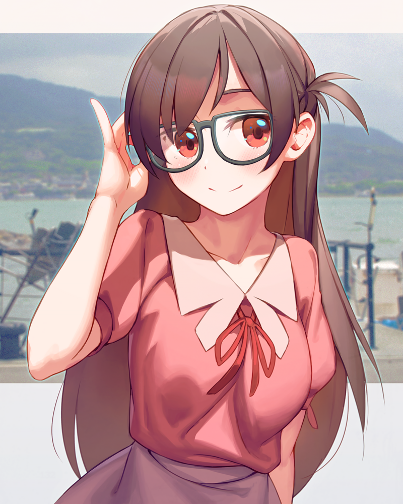 1girl adjusting_eyewear black-framed_eyewear border brown_hair closed_mouth collarbone commentary_request glasses kanojo_okarishimasu letterboxed long_hair looking_at_viewer mizuhara_chizuru neck_ribbon outside_border partial_commentary photo_background pink_shirt purple_skirt red_eyes red_ribbon ribbon rotix shirt skirt smile solo white_border