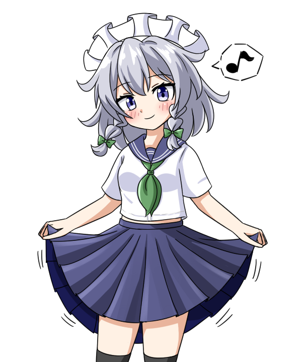 1girl blush braid grey_eyes grey_hair holding izayoi_sakuya izayoi_sakuya_(young) looking_at_viewer medium_hair school_uniform simple_background skirt skirt_hold touhou white_background zenji029
