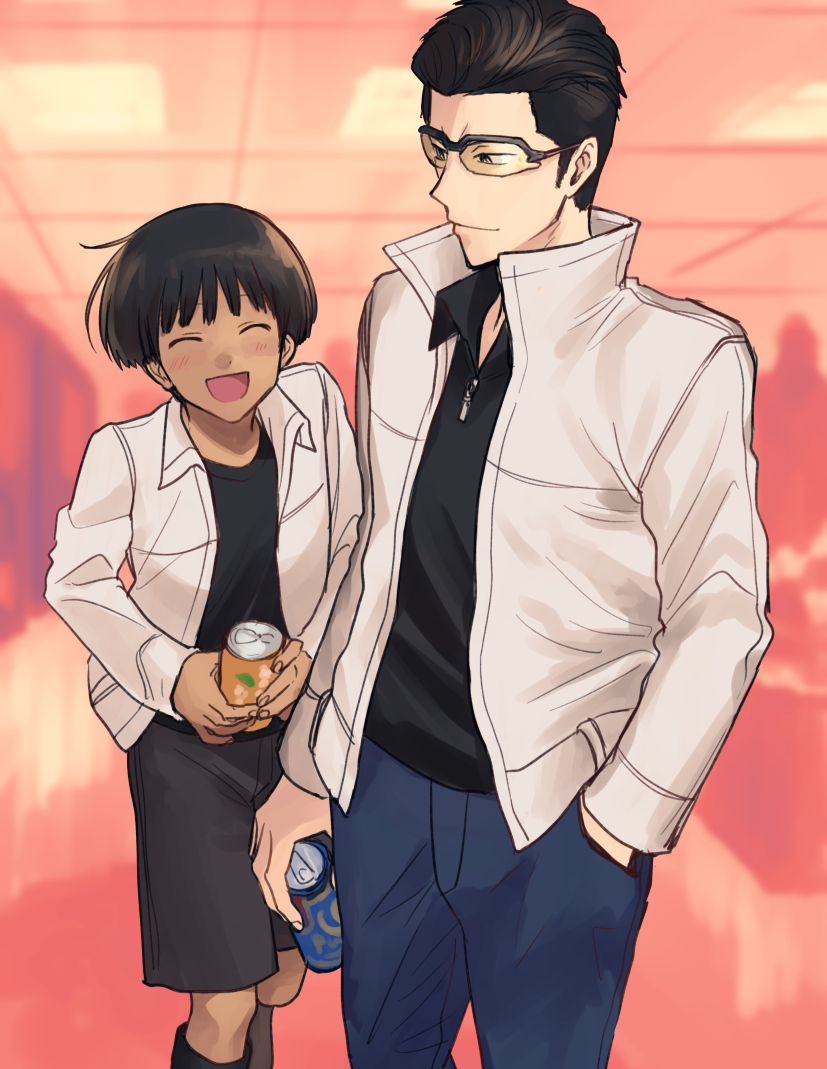 1boy 1girl :d black_eyes black_hair black_shirt black_shorts blue_pants blush can closed_mouth dark-skinned_female dark_skin glasses hand_in_pocket holding holding_can iwashi_(msr_rgb) jacket long_sleeves looking_at_another obishima_yukari open_mouth pants shirt short_hair shorts smile standing white_jacket world_trigger yuba_takuma