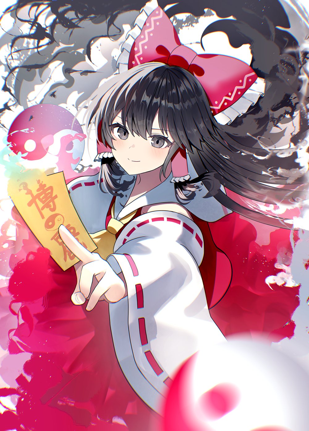1girl ascot between_fingers black_hair blurry blurry_foreground bow circle_skirt closed_mouth collared_shirt commentary detached_sleeves frilled_bow frilled_hair_tubes frills grey_eyes hair_bow hair_tubes hakurei_reimu highres holding light_blush long_hair long_sleeves looking_at_viewer motion_blur nontraditional_miko ofuda ofuda_between_fingers orb red_bow red_shirt red_skirt ribbon-trimmed_sleeves ribbon_trim sakizaki_saki-p shirt sidelocks skirt sleeveless sleeveless_shirt smile solo touhou very_long_hair white_sleeves wide_sleeves yellow_ascot yin_yang yin_yang_orb