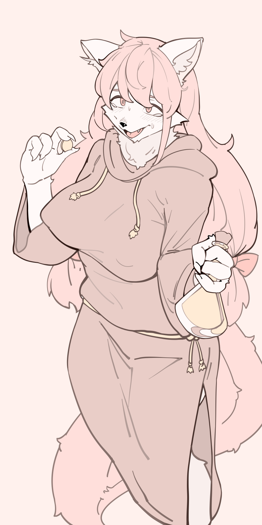 1girl 3gs :3 animal_ear_fluff animal_ears animal_nose body_fur bow breasts cloak coin cork covered_erect_nipples drawstring erlenmeyer_flask fang female_focus flask flat_color furry furry_female hair_bow hands_up holding holding_coin holding_flask hood hood_down hooded_cloak large_breasts long_hair looking_afar low-tied_long_hair matching_hair/eyes mature_female monochrome nervous nervous_smile open_mouth original pink_background pink_eyes pink_hair pink_theme potion raised_eyebrows red_bow sidelocks simple_background smile snout solo sweat tail tears tongue white_fur wolf_ears wolf_girl wolf_tail