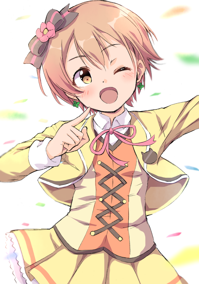 1girl :d blush bow clover collared_shirt confetti cowboy_shot dress earrings flower four-leaf_clover four-leaf_clover_earrings frilled_dress frills hair_bow hair_flower hair_ornament happy highres hoshizora_rin jacket jewelry long_sleeves looking_up love_live! love_live!_school_idol_project one_eye_closed open_mouth orange_hair pin pink_ribbon ribbon sen_(sen0910) shirt short_hair simple_background skirt smile solo white_background white_shirt white_sleeves yellow_eyes yellow_jacket yellow_skirt