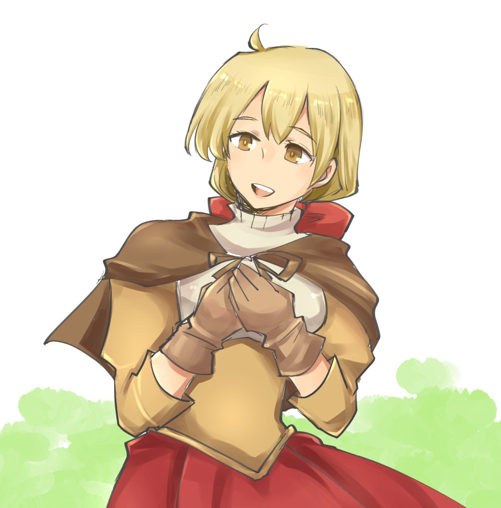 1girl alma_beoulve blonde_hair brown_dress brown_gloves brown_hood dress final_fantasy final_fantasy_tactics gloves hair_ribbon hand_on_own_chest long_skirt open_mouth red_ribbon red_skirt ribbon shougayaki_(kabayaki_3) simple_background skirt smile solo upper_body yellow_eyes