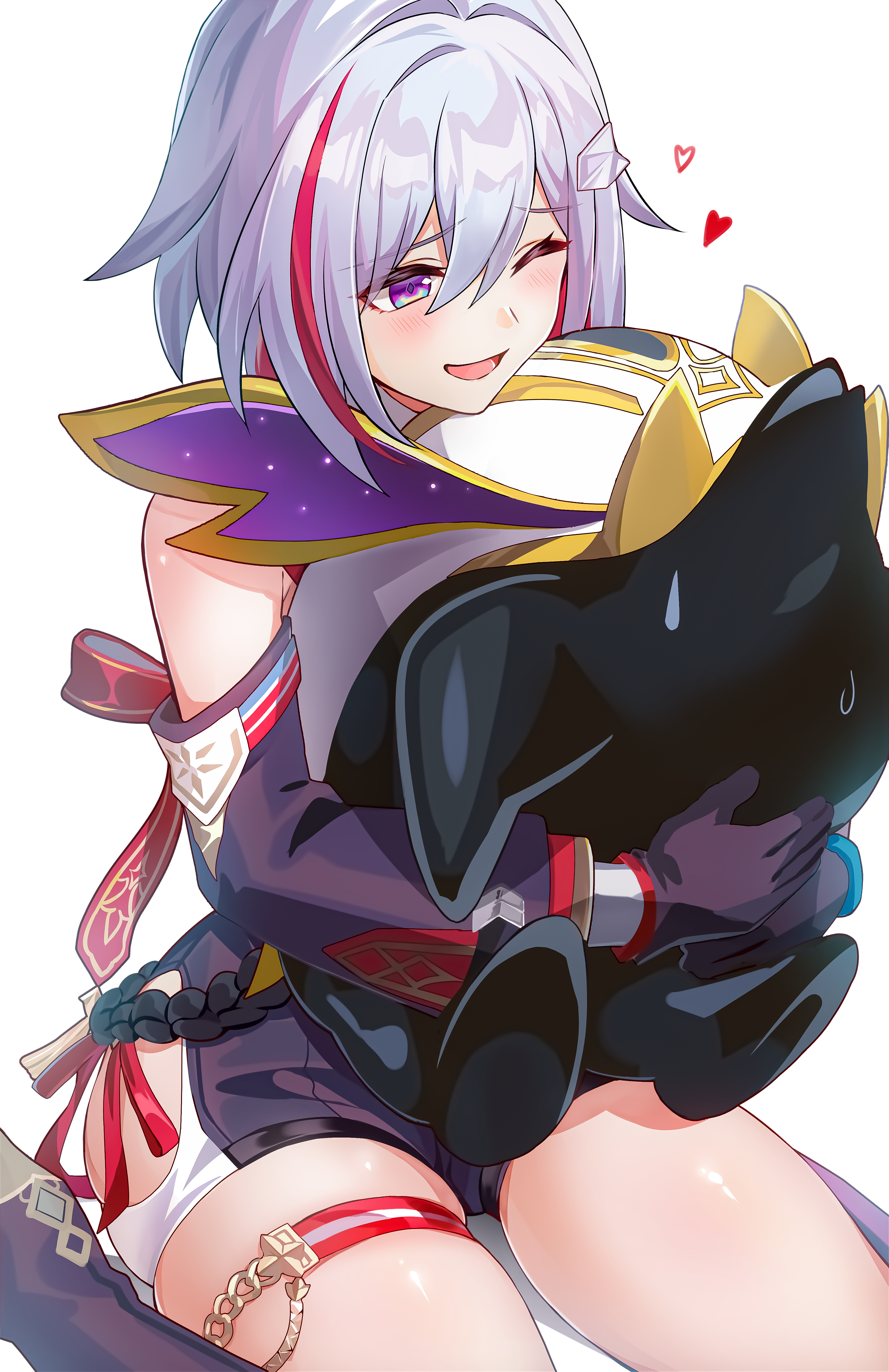 1girl absurdres animal animal_hug bare_shoulders black_gloves commentary_request diamond-shaped_pupils diamond_(shape) feet_out_of_frame gloves grey_hair hair_between_eyes hair_ornament heart highres holding holding_animal honkai:_star_rail honkai_(series) multicolored_eyes multicolored_hair numby_(honkai:_star_rail) one_eye_closed open_mouth purple_eyes red_streaks short_hair simple_background sitting smile streaked_hair sweatdrop symbol-shaped_pupils thigh_strap topaz_(honkai:_star_rail) trotter_(honkai:_star_rail) two-tone_eyes wariza white_background yuzuyu010