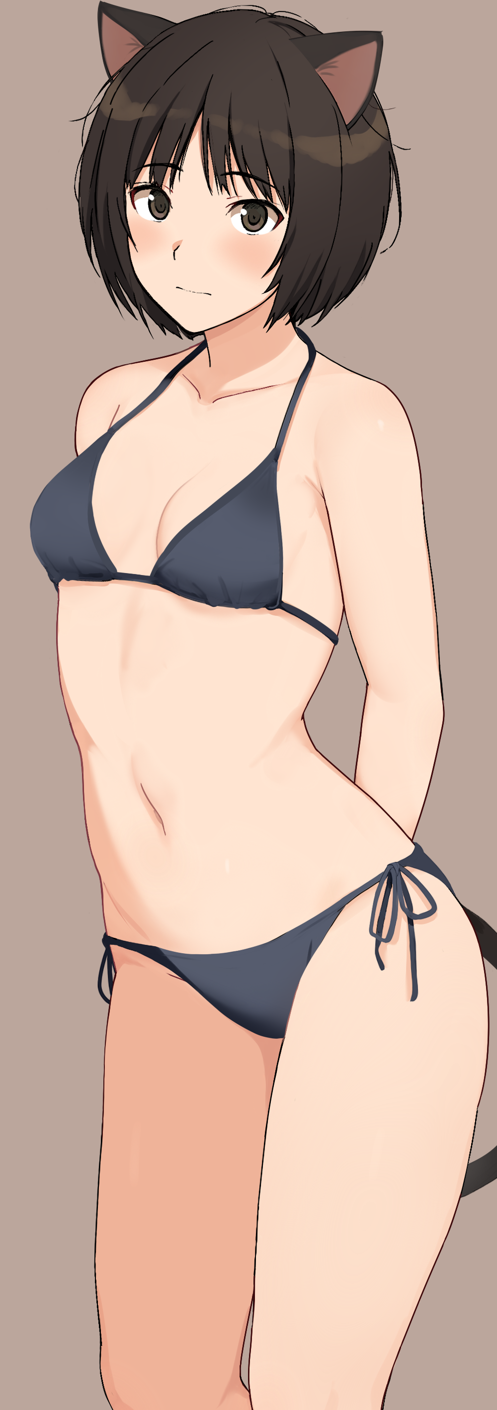 1girl absurdres amagami animal_ears arms_behind_back black_eyes black_hair breasts brown_background cat_ears cat_girl cat_tail closed_mouth collarbone commentary_request female_focus highres kemonomimi_mode looking_at_viewer medium_breasts mobu short_hair simple_background solo standing tachibana_miya tail thighs