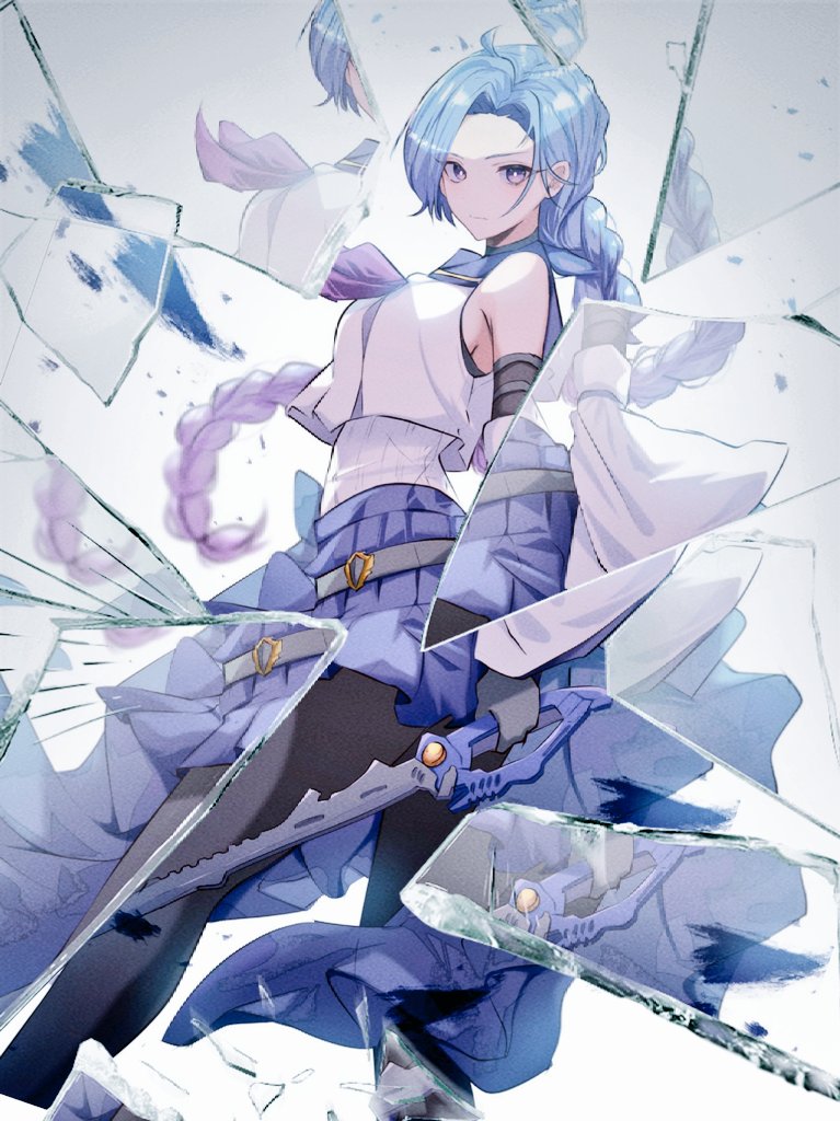 1girl ahoge assault_lily bare_shoulders belt black_belt black_pantyhose blue_hair blue_sailor_collar blue_skirt blurry braid braided_ponytail breasts bright_pupils closed_mouth commentary_request crop_top debris depth_of_field detached_sleeves dutch_angle feet_out_of_frame floating_hair glass_shards gloves gradient_background grey_background grey_gloves holding holding_sword holding_weapon houji_tea_latte igusa_subaru layered_sleeves legs_apart long_hair long_sleeves looking_at_viewer low_ponytail medium_breasts miniskirt neckerchief odaiba_girls_high_school_uniform pantyhose parted_bangs pleated_skirt ponytail purple_eyes purple_neckerchief reflection ribbed_shirt sailor_collar school_uniform serafuku shirt single_braid skirt sleeveless sleeveless_shirt solo standing sword undershirt very_long_hair weapon white_background white_pupils white_shirt wide_sleeves
