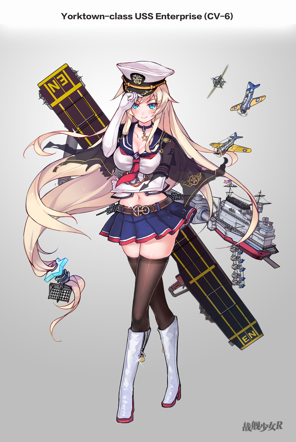 1girl aircraft airplane american_flag belt blonde_hair blue_eyes boots breasts brown_thighhighs cape character_name choker cleavage copyright_name elbow_gloves enterprise_(warship_girls_r) flight_deck full_body g.h_(gogetsu) gloves grey_background hat highres knee_boots large_breasts long_hair looking_at_viewer low-tied_long_hair machinery mecha_musume midriff miniskirt navel official_art pleated_skirt sbd_dauntless skirt smile text_focus thighhighs uss_enterprise_(cv-6) very_long_hair warship_girls_r white_boots white_gloves white_thighhighs zettai_ryouiki