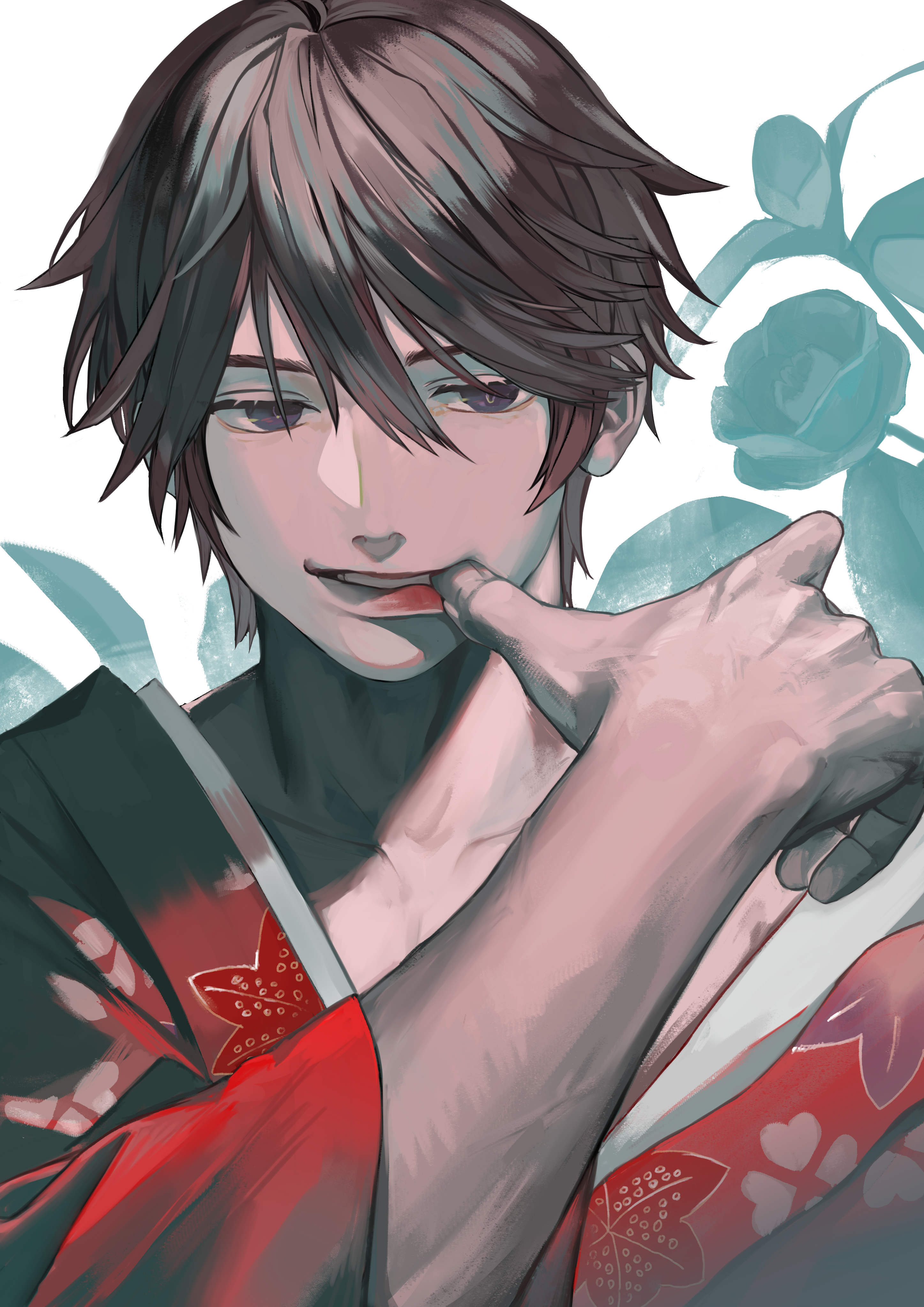 1boy absurdres brown_eyes brown_hair highres japanese_clothes kimono leaf_print looking_at_viewer male_focus meiji_tokyo_renka otojirou_kawakami short_hair simple_background talc001 upper_body