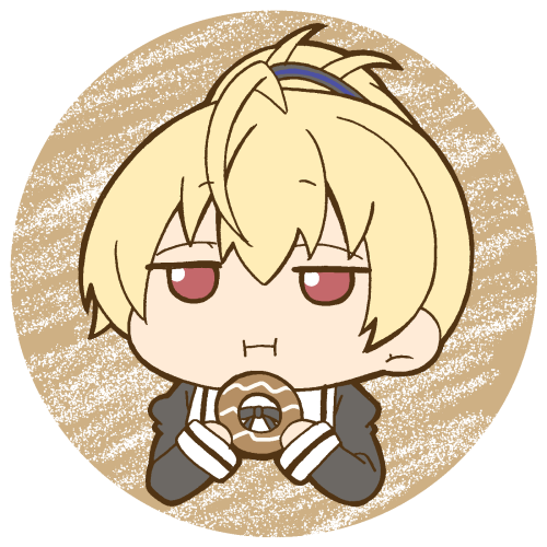 1girl :t ahoge andou_tazusa assault_lily black_ribbon blonde_hair brown_background closed_mouth commentary_request cropped_torso donut eating food hair_between_eyes hair_ribbon hands_up high_ponytail holding holding_food jitome juliet_sleeves long_sleeves looking_at_viewer lowres masaki_itsuki neck_ribbon no_pupils ponytail puffy_sleeves purple_ribbon red_eyes ribbon round_image school_uniform short_hair solo transparent_background two-tone_background upper_body white_background yurigaoka_girls_academy_school_uniform