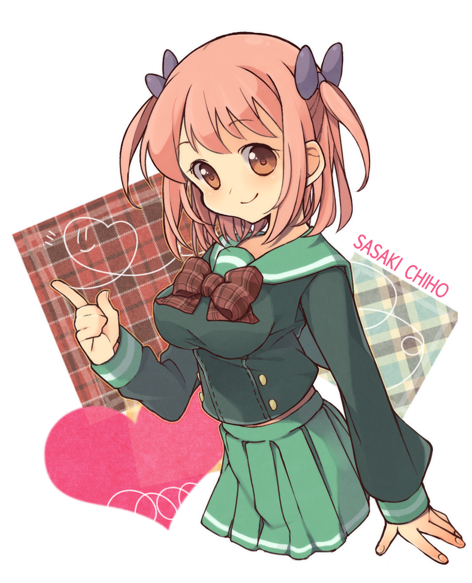 2000s_(style) blush bow breasts brown_hair character_name closed_mouth cropped_torso green_sailor_collar green_shirt green_skirt hair_ribbon hataraku_maou-sama! index_finger_raised large_breasts long_sleeves looking_at_viewer lr. midriff_peek pink_hair plaid_bow pleated_skirt purple_ribbon ribbon sailor_collar sasaki_chiho school_uniform shirt short_hair skirt smile two_side_up