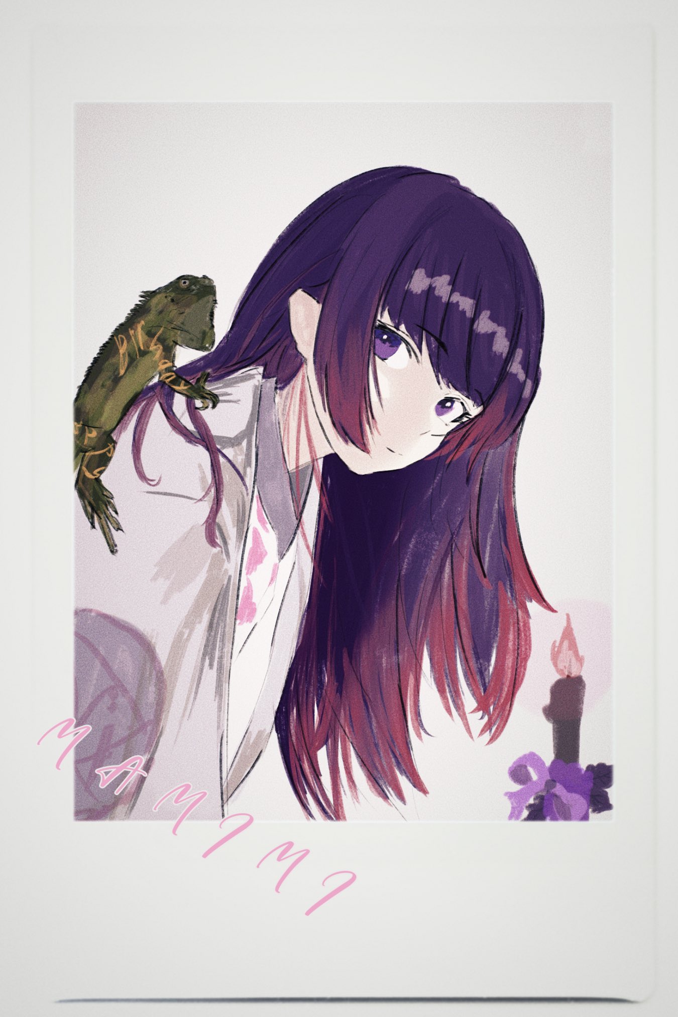 1girl animal animal_on_shoulder candle character_name closed_mouth cobwvmeti expressionless hair_down highres idolmaster idolmaster_shiny_colors iguana leaning_forward long_hair looking_at_viewer polaroid_photo purple_eyes purple_hair solo tanaka_mamimi