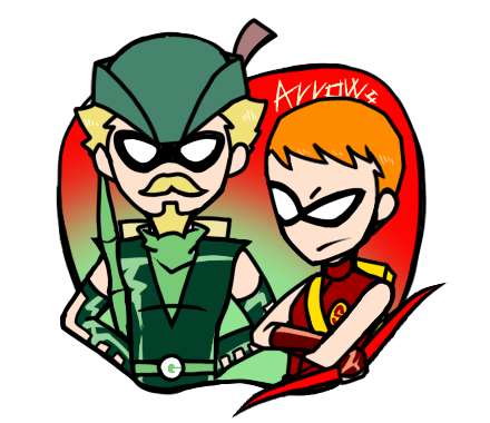 2boys apple arrow_(projectile) beard blonde_hair bow_(weapon) chibi dc_comics domino_mask facial_hair food fruit green_arrow green_arrow_(series) hat hat_feather lowres marksman mask multiple_boys oliver_queen orange_hair roy_harper speedy weapon