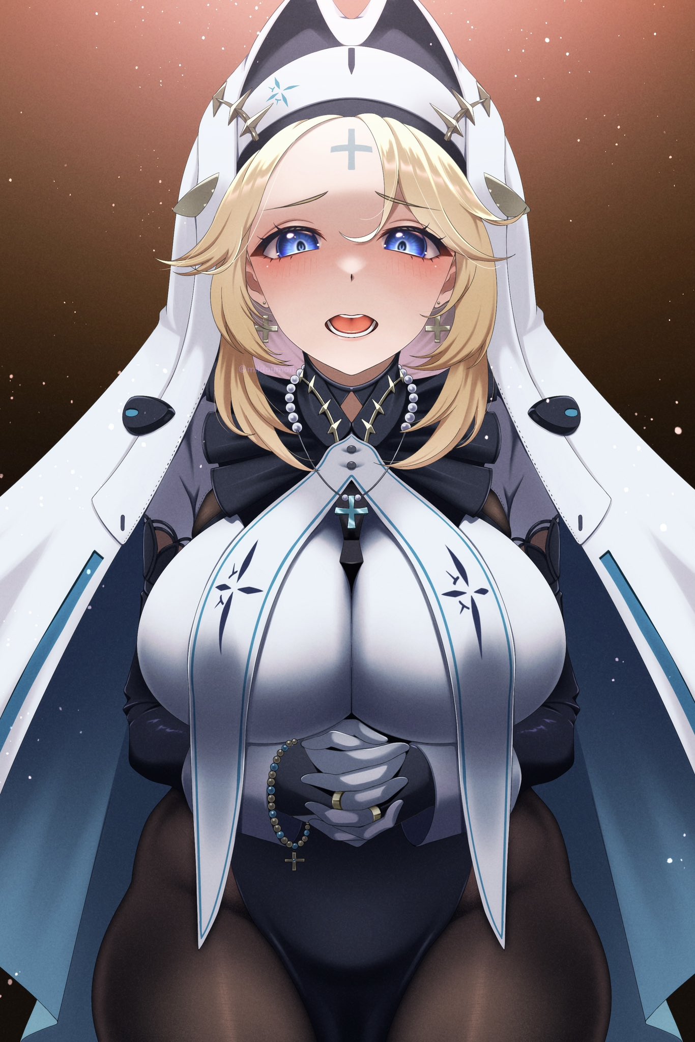 1girl arms_under_breasts black_robe blonde_hair blue_eyes blush bodystocking bracelet braid breasts cross cross_earrings cross_necklace cross_tattoo earrings facial_mark forehead_mark forehead_tattoo goddess_of_victory:_nikke habit highres interlocked_fingers jewelry large_breasts legwear_garter long_hair looking_at_viewer milmil7 necklace nun open_mouth own_hands_together rapunzel_(nikke) rapunzel_(pure_grace)_(nikke) robe solo tattoo thick_thighs thighhighs thighs veil very_long_hair white_robe white_thighhighs white_veil wide_hips