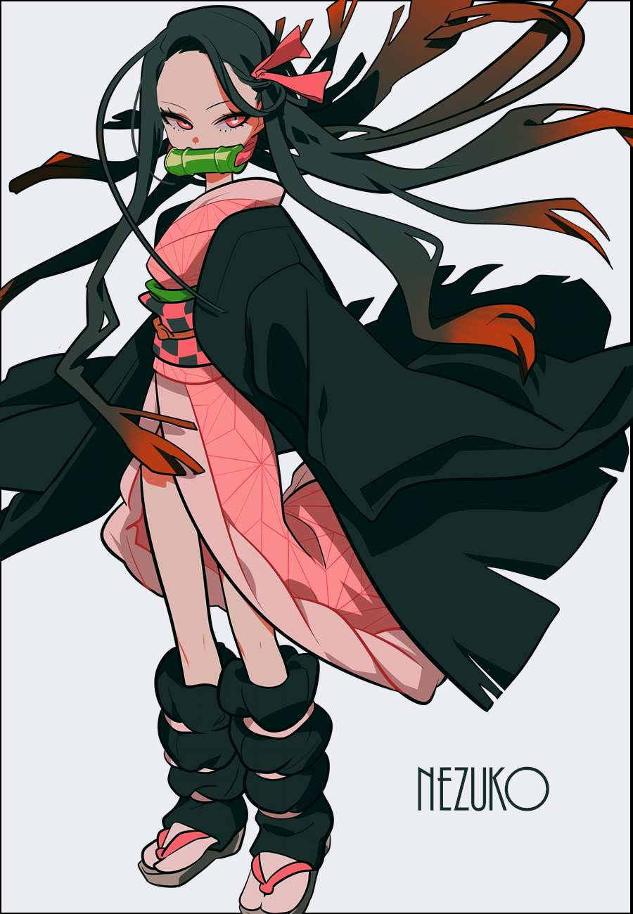 1girl black_hair character_name commentary_request eyelashes gag gradient_hair grey_background highres japanese_clothes kamado_nezuko kimetsu_no_yaiba kimono long_hair looking_at_viewer multicolored_hair pink_kimono red_eyes red_ribbon ribbon sameyama_jiro sandals solo standing