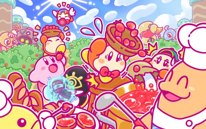 1boy ^^^ baguette baseball_cap basket beanie black_eyes blonde_hair blue_hat blue_sky blush_stickers bow bowtie bread bug bush chef_kawasaki commentary_request como_(kirby) driblee festival_bird food fruit green_hat hat jammerjab jar kirby kirby_(series) ladle nesp nintendo official_art outdoors plant pot red_neckwear sky smile spider strawberry sugar telekinesis tripping vividria waddle_dee