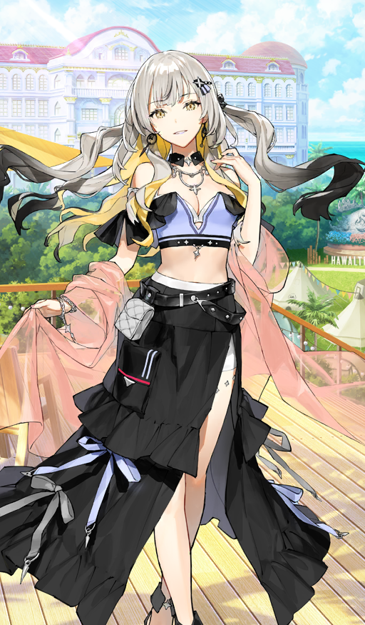 1girl bare_shoulders belt black_skirt bra bracelet breasts cleavage crop_top earrings fate/grand_order fate_(series) ginka_sima gradient_hair grey_hair hair_ornament hairclip jewelry long_hair long_skirt looking_at_viewer marie_antoinette_alter_(fate) marie_antoinette_(fate) marie_antoinette_alter_(fate) medium_breasts midriff multicolored_hair official_art sash sidelocks skirt smile solo thighs two_side_up underwear white_bra white_hair yellow_eyes