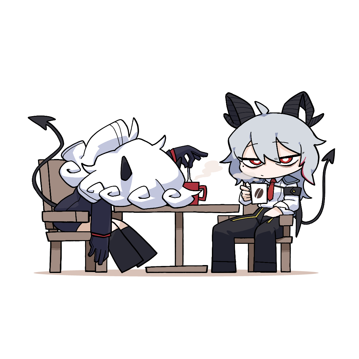 2girls armband black_armband black_gloves black_horns black_pants black_tail bright_pupils chibi chibi_only closed_mouth coffee_mug commentary_request crossover cup curled_horns demon_tail gloves helltaker horns korean_commentary looking_at_viewer mole mole_under_eye mug multiple_girls necktie on_chair pandemonica_(helltaker) pants red_eyes red_necktie shirt simple_background sitting table tail teeny_(nonzone) trait_connection white_background white_pupils white_shirt wuthering_waves zani_(wuthering_waves)