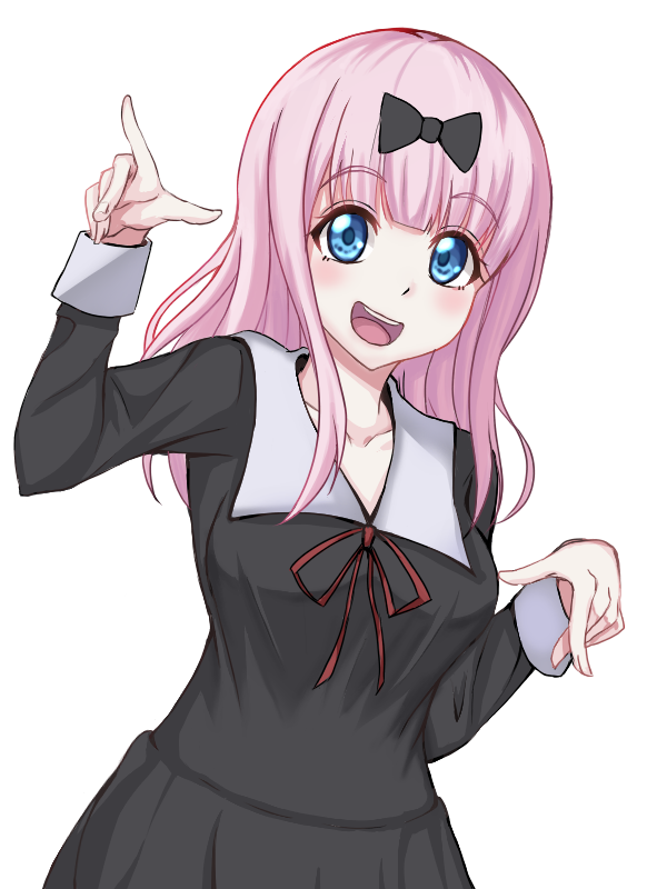 1girl :d black_bow black_dress blue_eyes blunt_bangs blush bow collarbone commentary_request cowboy_shot dress eyes_visible_through_hair fujiwara_chika hair_bow hands_up happy heikichi index_finger_raised kaguya-sama_wa_kokurasetai_~tensai-tachi_no_renai_zunousen~ long_hair long_sleeves looking_at_viewer open_mouth pink_hair red_ribbon ribbon school_uniform sidelocks simple_background smile solo tareme teeth upper_teeth_only white_background