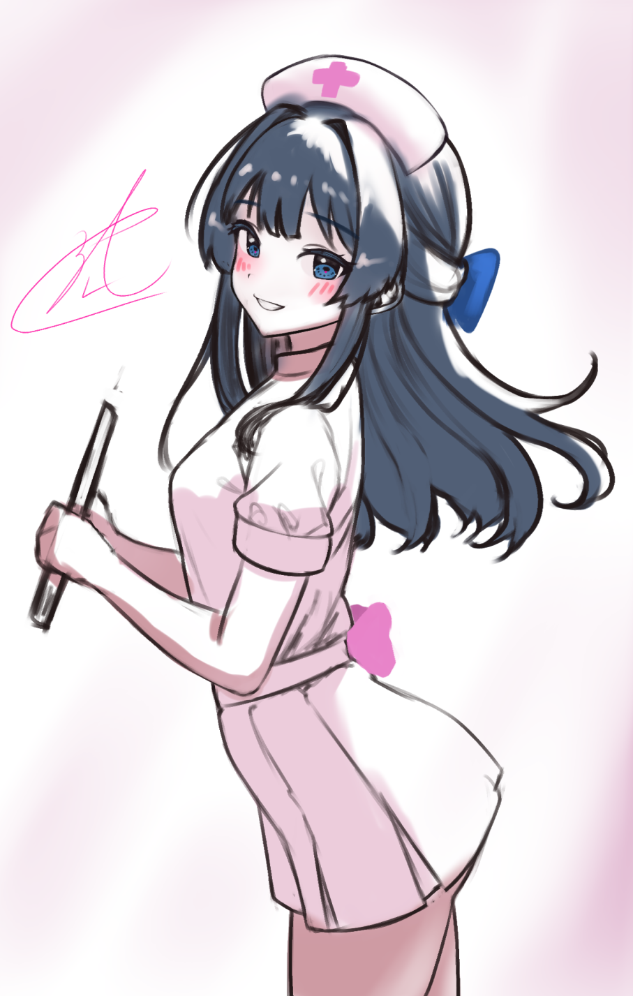 1girl back_bow black_hair blue_bow blue_eyes blush bow c_(theta) cowboy_shot floating_hair from_side grin half_updo hat highres holding idolmaster idolmaster_million_live! long_hair looking_at_viewer looking_to_the_side mogami_shizuka nurse nurse_cap pink_bow short_sleeves smile solo standing white_background