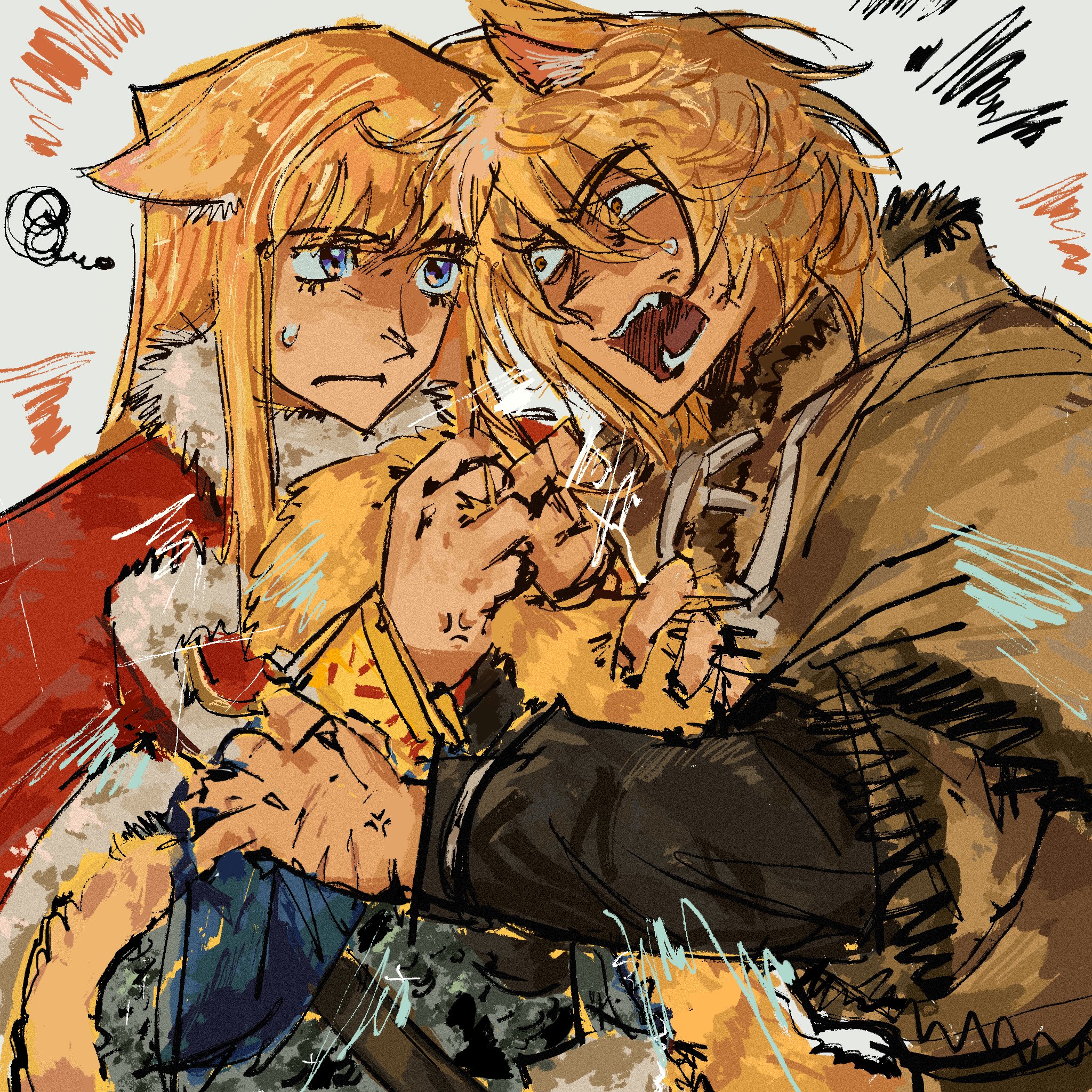 2boys animal_ears blonde_hair blue_eyes brown_eyes canute closed_mouth dogchishi eyelashes face-to-face fangs fur_trim grabbing_another&#039;s_arm hand_on_another&#039;s_arm looking_at_another male_focus multiple_boys open_mouth prince sidelocks simple_background sweat sweatdrop teeth thorfinn viking vinland_saga