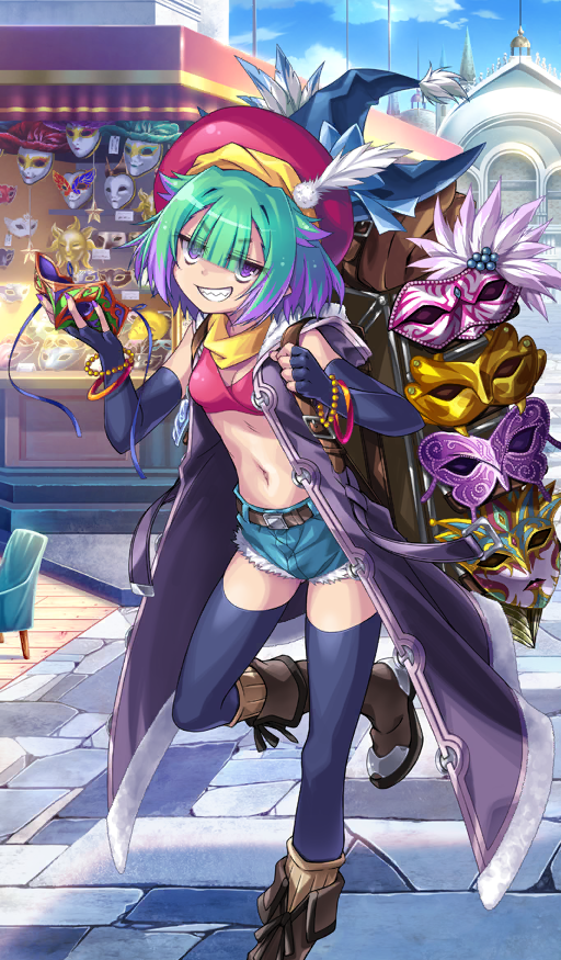 1girl belt black_(artist) blue_gloves blue_shorts blue_thighhighs boots bracelet breasts brown_boots cutoffs denim denim_shorts elbow_gloves fate/grand_order fate_(series) feathers fingerless_gloves gloves green_hair grin hat jewelry knee_boots locusta_(event_portrait)_(fate) locusta_(fate) looking_at_viewer mask masquerade_mask multicolored_hair navel official_art pink_hat pink_sports_bra purple_eyes purple_hair purple_vest scarf sharp_teeth short_hair short_shorts shorts small_breasts smile solo sports_bra teeth thighhighs two-tone_hair vest yellow_scarf