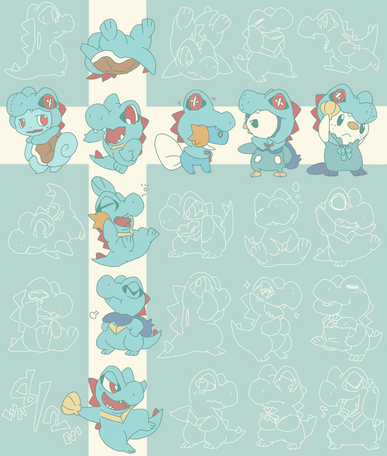 blue_background cosplay gen_1_pokemon gen_2_pokemon gen_3_pokemon gen_4_pokemon gen_5_pokemon mudkip mudkip_(cosplay) nintendo no_humans oshawott oshawott_(cosplay) piplup piplup_(cosplay) pokemon pokemon_(creature) squirtle squirtle_(cosplay) tagme totodile totodile_(cosplay)