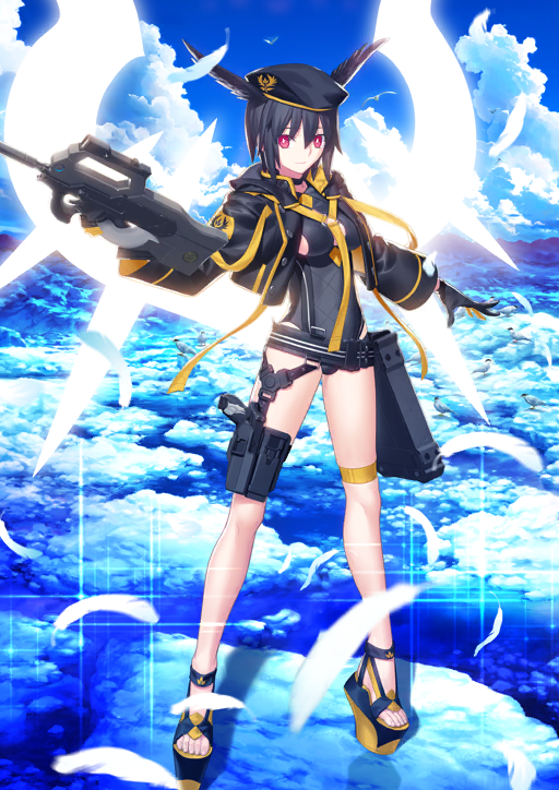 1girl belt beret black_belt black_gloves black_hair black_hat black_jacket black_one-piece_swimsuit black_sandals blue_background breasts bright_pupils cleavage_cutout closed_mouth clothing_cutout cloud collared_jacket cropped_jacket day falling_feathers fate/grand_order fate_(series) feathers full_body game_cg gloves glowing glowing_wings gun hair_between_eyes hair_wings hand_up hat holding holding_gun holding_weapon jacket large_variant_set legs_apart long_sleeves looking_at_viewer medium_breasts official_art one-piece_swimsuit open_clothes open_jacket ortlinde_(fate) ortlinde_(swimsuit_assassin)_(fate) outstretched_arms platform_sandals popped_collar pouch red_eyes sandals short_hair side_cutout smile solo sparkle standing sunlight swimsuit swimsuit_under_clothes takeuchi_takashi thigh_pouch thigh_strap third-party_source toes valkyrie_(fate) variant_set weapon weapon_request white_pupils wings