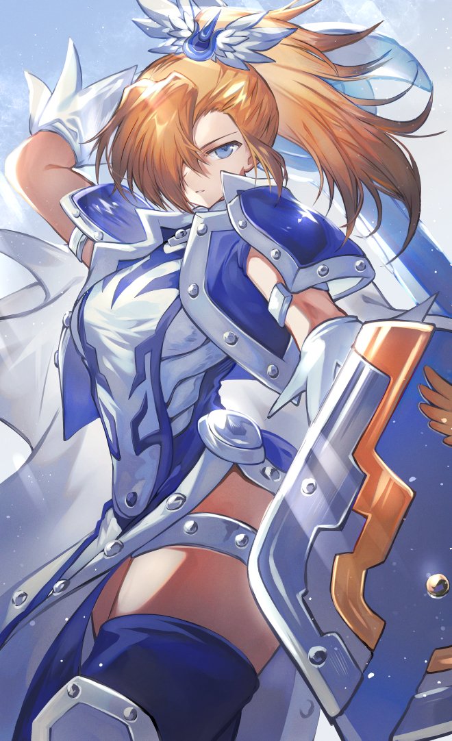 1girl blue_eyes blue_thighhighs breasts brown_hair dress duel_monster hair_over_one_eye hajime_daijo high_ponytail holding holding_shield holding_sword holding_weapon knight long_hair looking_at_viewer medium_breasts paladin ponytail shield shoulder_pads silent_paladin solo sword thigh_strap thighhighs weapon white_dress yu-gi-oh!