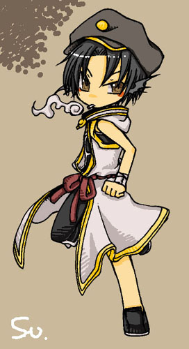 1girl ark_kan black_hair black_shirt black_shoes black_shorts brown_background brown_eyes cigarette closed_mouth coat commentary_request full_body grey_hat grey_wings hat head_wings hood hood_down hooded_coat looking_at_viewer lowres monk_(ragnarok_online) newsboy_cap open_clothes open_coat ragnarok_online rope_belt shirt shoes short_hair shorts sleeveless sleeveless_coat smoke smoking solo white_coat wings