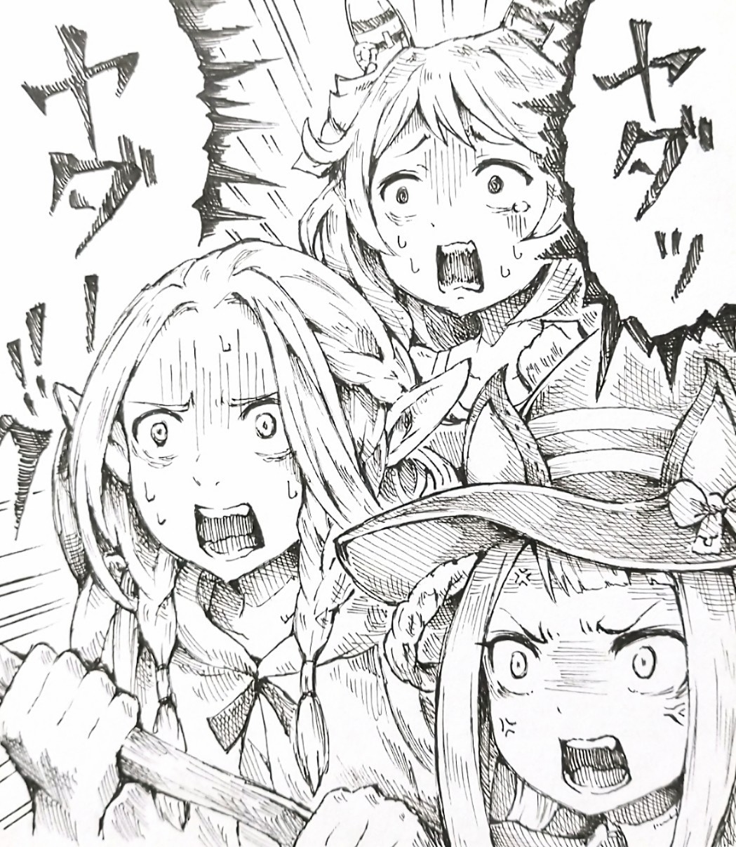 3girls ambrosia_(dungeon_meshi) animal_ears bow crossover dungeon_meshi ear_covers elf garyuu_ryuuga gloom_(expression) greyscale hat hat_bow highres hishi_miracle_(umamusume) holding holding_staff horse_ears marcille_donato monochrome multiple_girls open_mouth pointy_ears staff sweep_tosho_(umamusume) umamusume upper_body witch_hat
