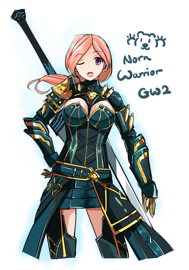 1girl ;o armor belt breasts broadsword cleavage colorized fatkewell female_focus greatsword guild_wars_(series) guild_wars_1 guild_wars_2 huge_sword huge_weapon large_breasts one_eye_closed pauldrons pink_hair purple_eyes shoulder_armor sketch solo sword weapon