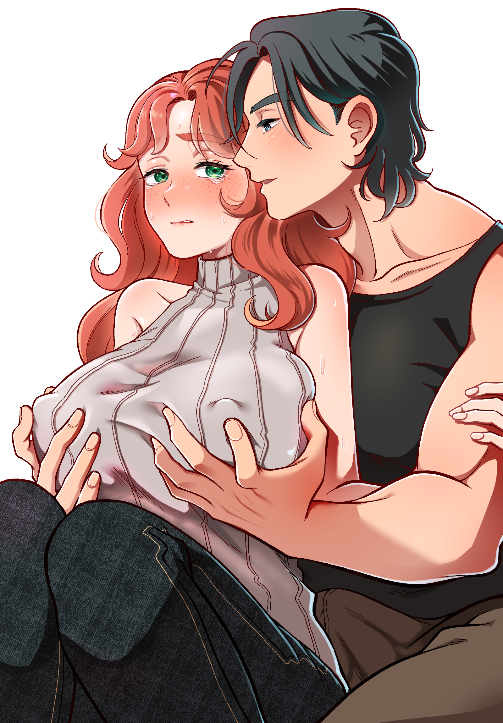 1boy 1girl black_hair black_pants black_tank_top blue_eyes blush breasts collarbone commentary_request covered_erect_nipples freckles ginger_(my_time_at_portia) grabbing_another's_breast grabbing_from_behind green_eyes groping hetero highres huge_breasts marco_(my_time_at_portia) mugicha_(zoro1132) my_time_at_portia orange_hair pants sleeveless sleeveless_turtleneck smile sweatdrop tank_top tears turtleneck