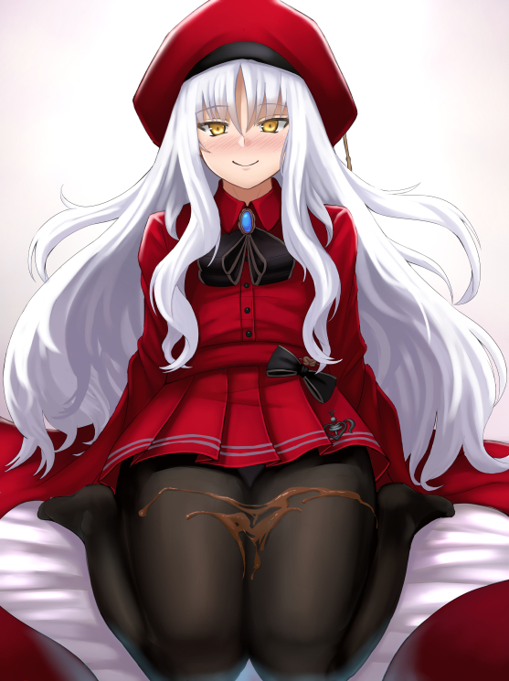 1girl beret black_pantyhose blush breasts brooch caren_hortensia caren_hortensia_(amor_caren) caren_hortensia_(amor_caren)_(second_ascension) chocolate chocolate_on_body chuppa_(katotsuba) dress fate/grand_order fate_(series) food_on_body hat jewelry long_hair long_sleeves looking_at_viewer neck_ribbon pantyhose red_dress red_hat ribbon shawl sitting small_breasts smile solo thighs wariza wavy_hair white_hair yellow_eyes