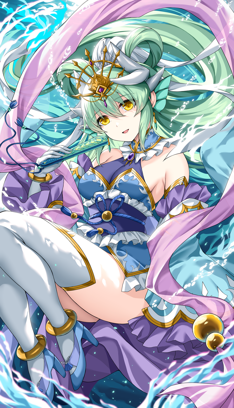 1girl bare_shoulders dress fate/grand_order fate_(series) folding_fan green_hair hand_fan highres kiyohime_(fate) long_hair looking_at_viewer morizono_shiki open_mouth smile solo yellow_eyes
