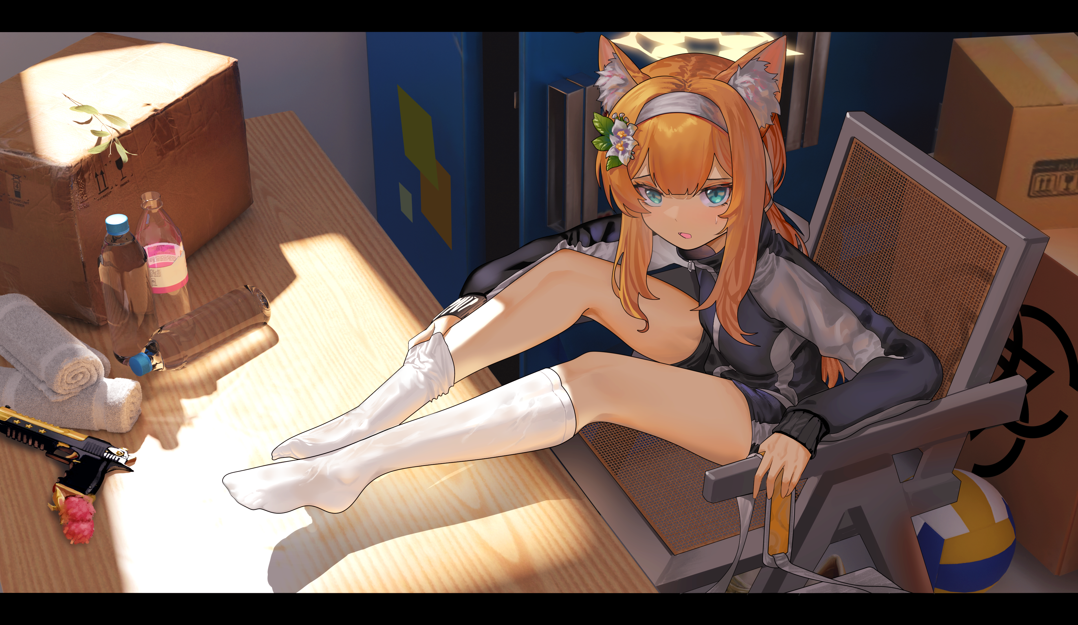 absurdres adjusting_sock aircctzillie animal_ear_fluff animal_ears ball blue_archive bottle box cardboard_box desert_eagle flower gun gym_shorts gym_uniform hair_flower hair_ornament hairband halo handgun highres jacket legs_on_table long_hair low_ponytail mari_(blue_archive) mari_(track)_(blue_archive) multicolored_jacket no_shoes official_alternate_costume orange_hair plastic_bottle ponytail shorts sitting socks towel track_jacket volleyball_(object) water_bottle weapon white_flower white_hairband white_socks yellow_halo