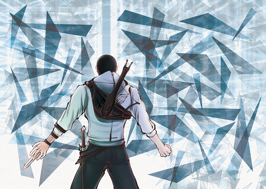 1boy assassin&#039;s_creed assassin&#039;s_creed_(series) backpack bag bow_(weapon) crossbow desmond_miles from_behind concealed_weapon hidden_blade_(assassin&#039;s_creed) male_focus ray_k solo sword tattoo weapon